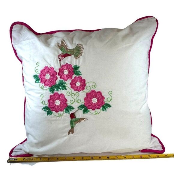 Hummingbird Vintage Square Embroidered Throw Pillow Cottage Hummingbirds Flowers - Picture 4 of 5